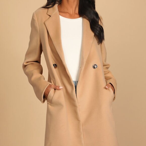 Lulus Harriet Long Double-breasted Tan Coat Brown - Size XS - Picture 1 of 3